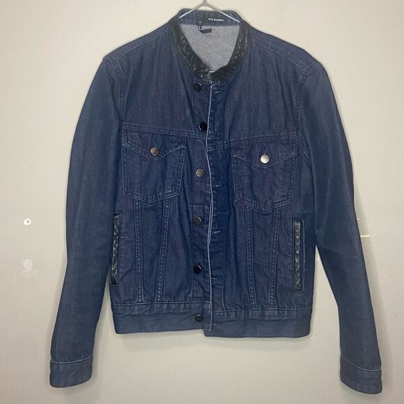 The Kooples Blue Dark-Wash Leather-Trim Classic Denim-Jean Jacket Size XS - Picture 2 of 8